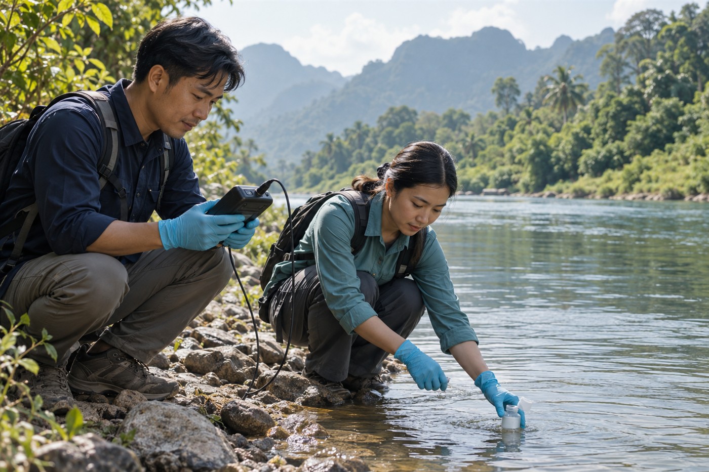 Researchers sampling a river