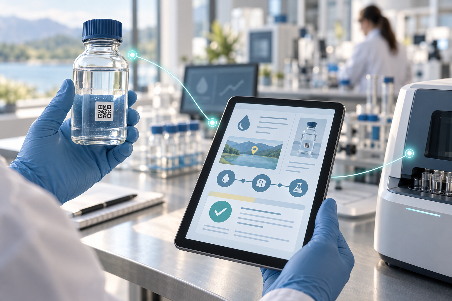 Illustrated sample bottle and digital laboratory record connected through a QR label and traceable handover steps