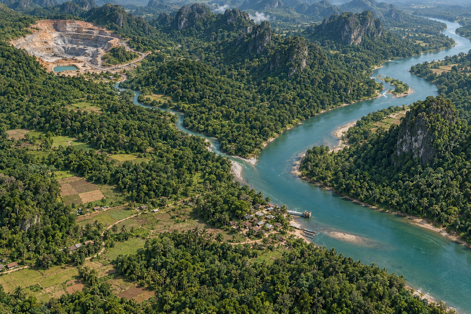 Illustrative aerial landscape of a mine draining through a tributary into a broad river, with a downstream fishery and village