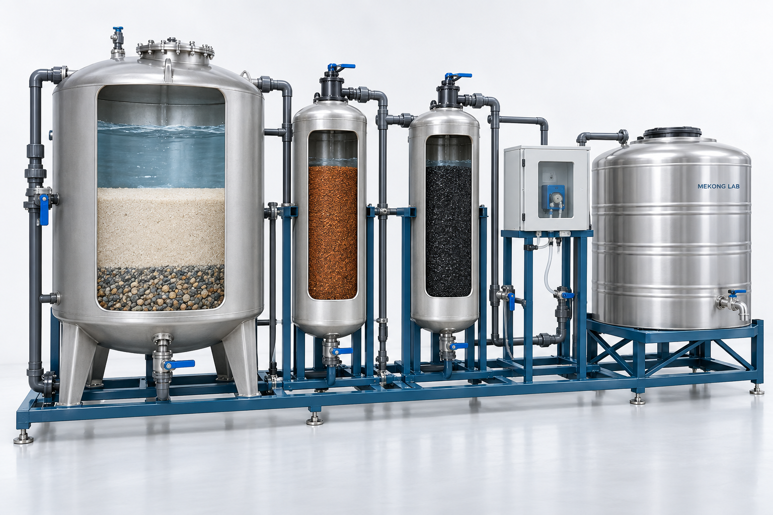 3D cutaway concept of a community treatment unit with sand and gravel, iron-coated adsorptive media, activated carbon, disinfection and protected storage