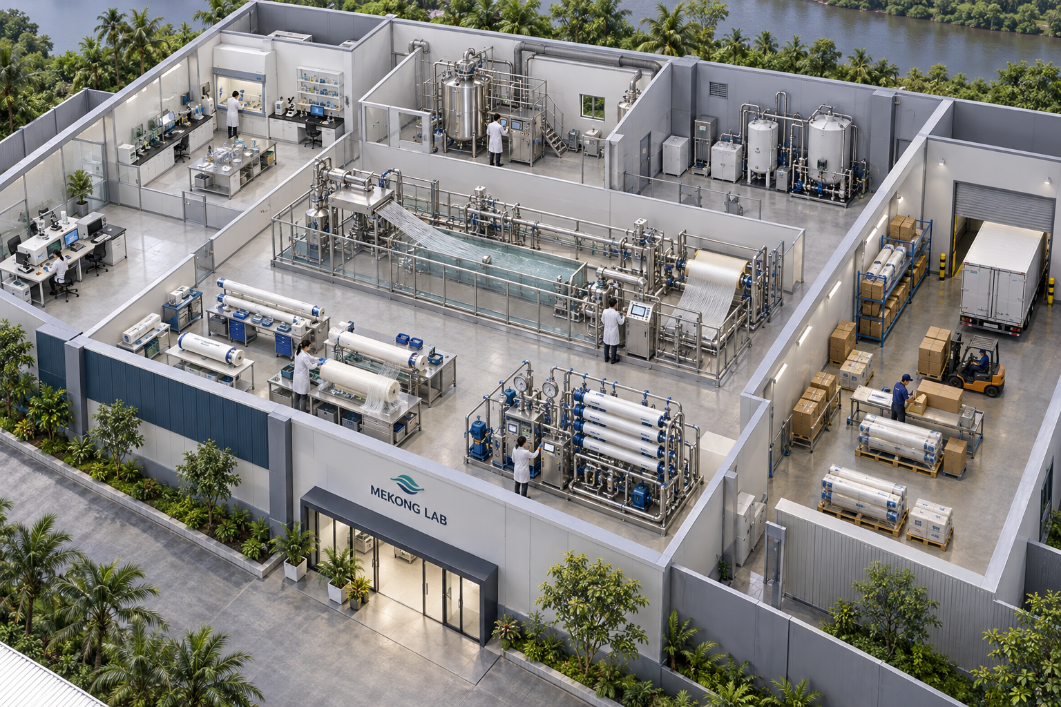 Isometric cutaway concept of a membrane research and pilot production facility with laboratories, spinning line, assembly, testing and distribution areas