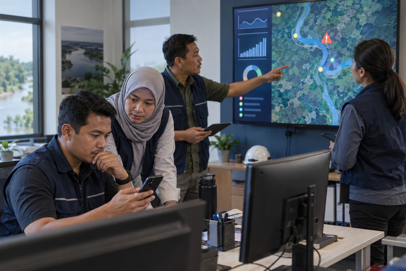 A team coordinating a water-quality response