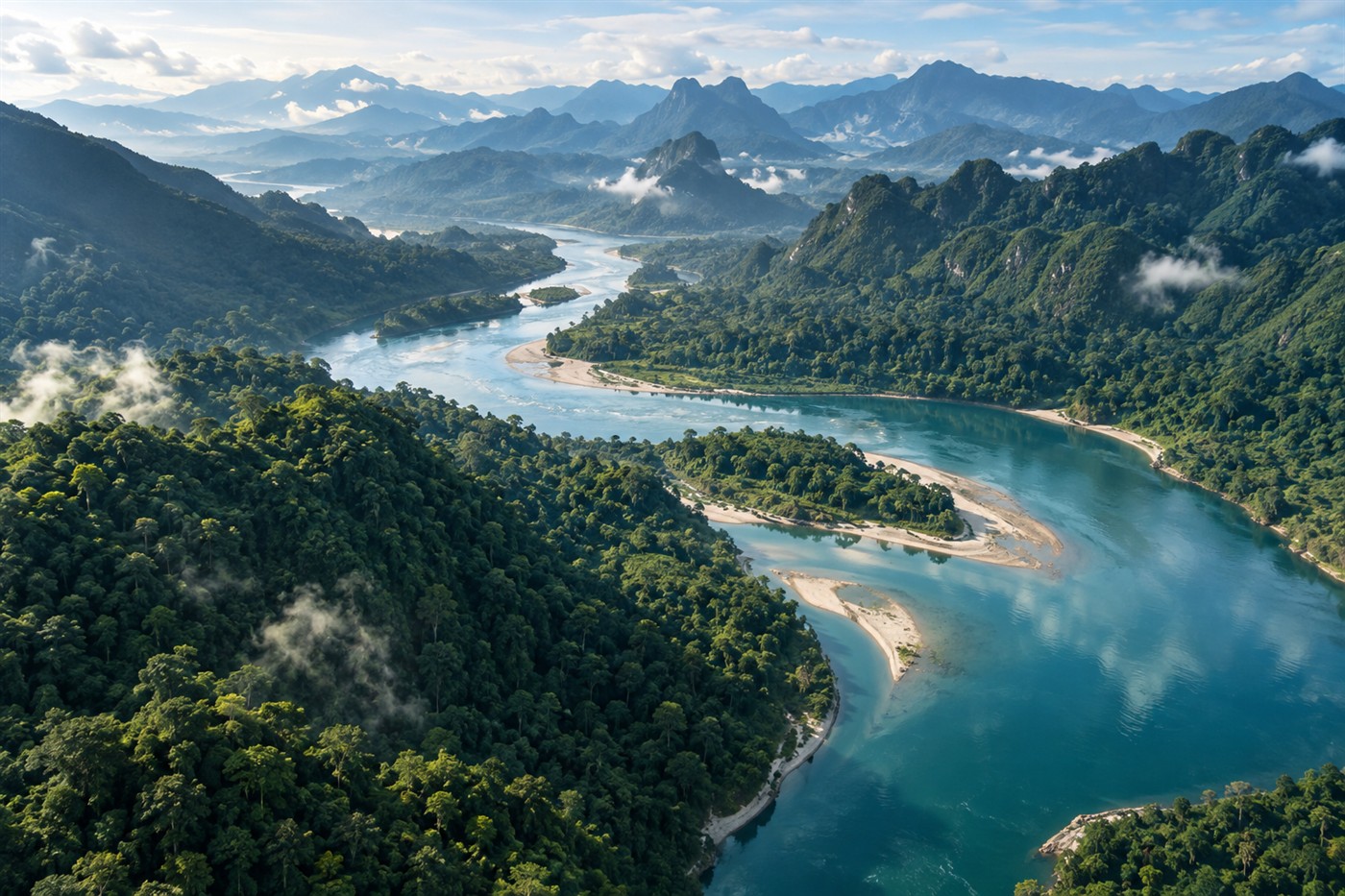 Aerial view of a winding tropical river