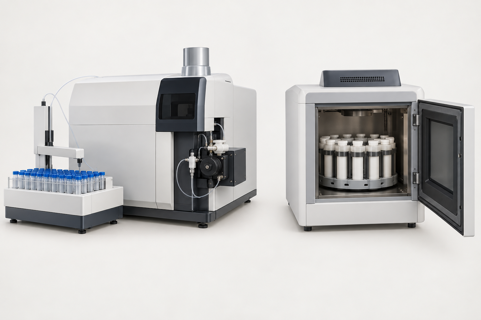 Generic equipment concept: ICP-MS with autosampler on the left and an open microwave digestion instrument on the right