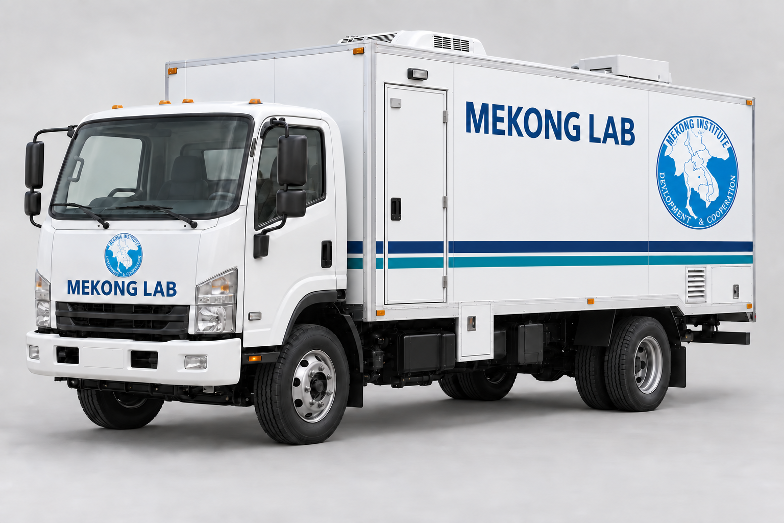 Mekong Lab mobile water laboratory truck with Mekong Institute branding, door closed