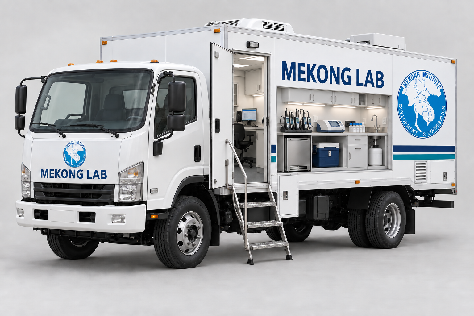 The same mobile laboratory truck with its door open and a cutaway revealing field instruments, sample storage and workstations