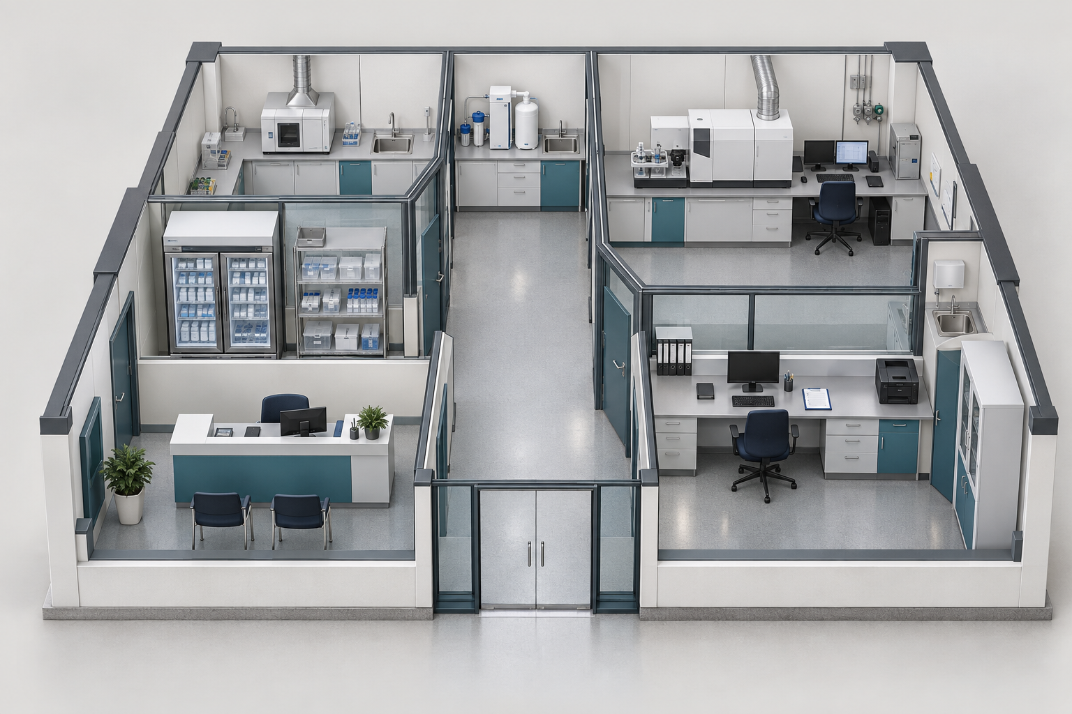 Three-dimensional concept of a modern water laboratory with separate preparation, instrument and sample handling areas